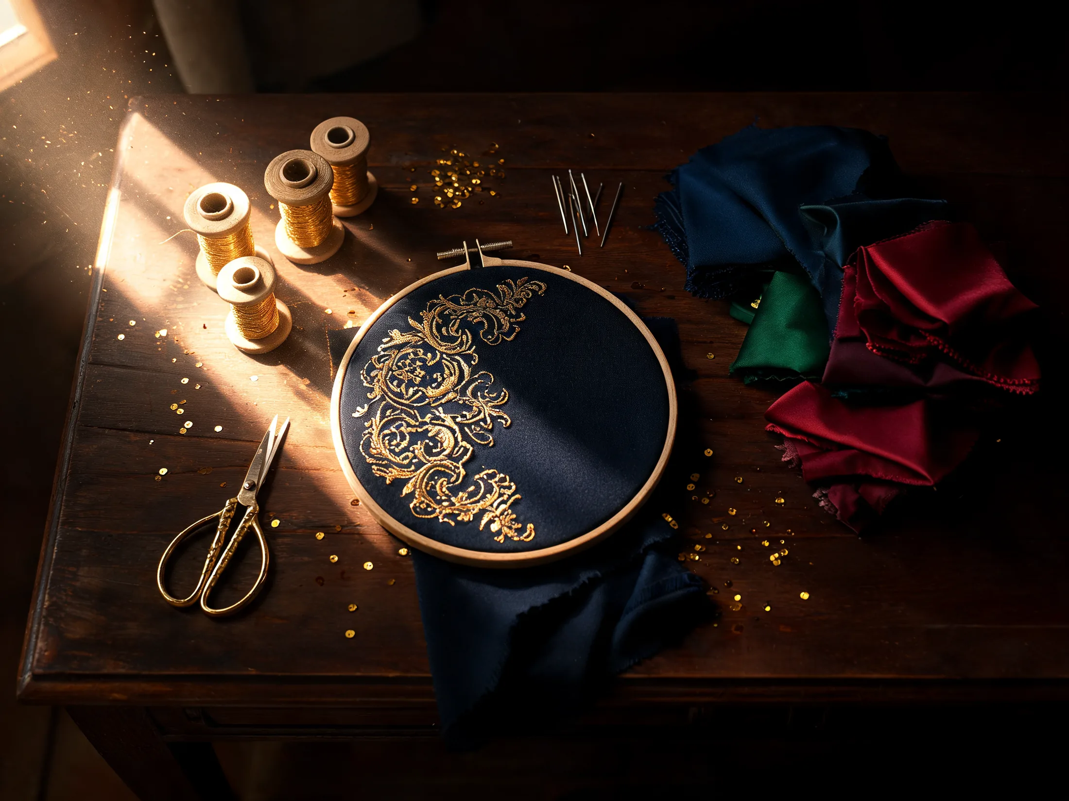 Gold thread, hoop and silk on an atelier worktable