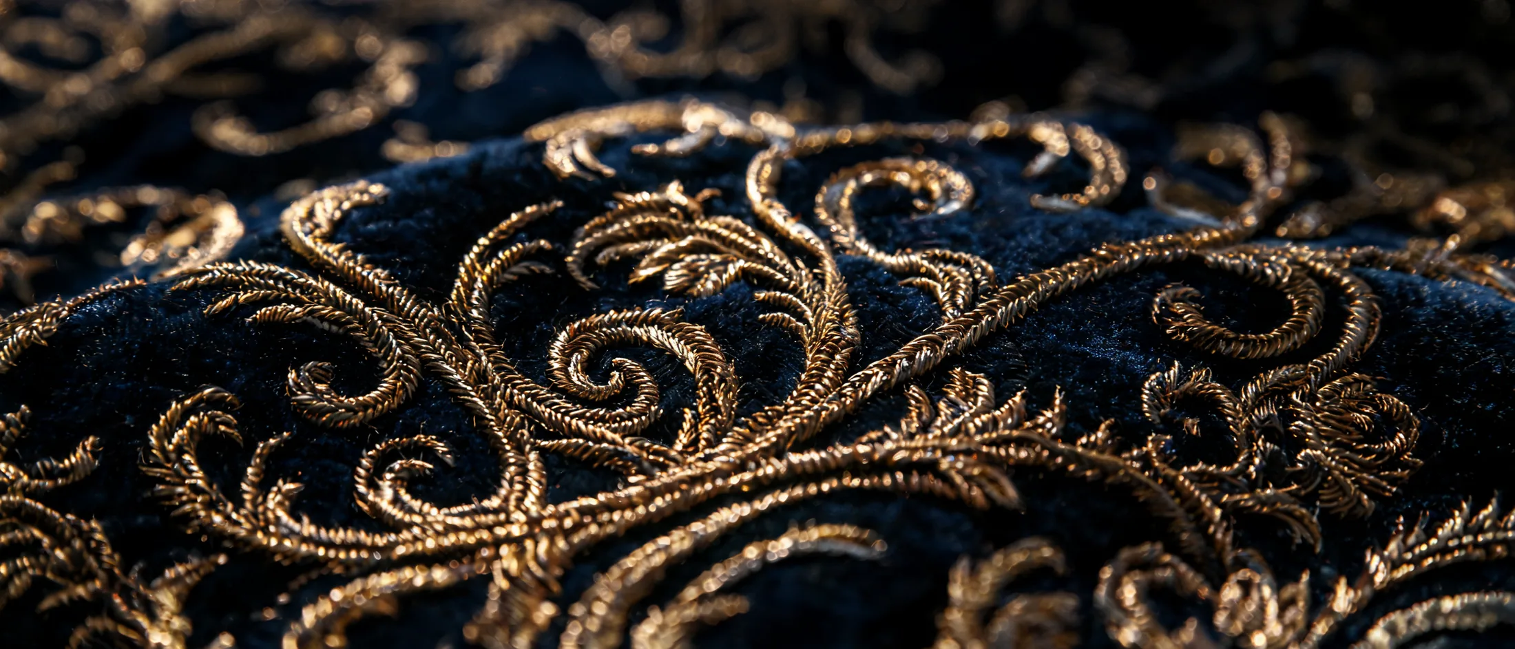 Gold Sermeh bullion thread on midnight silk velvet